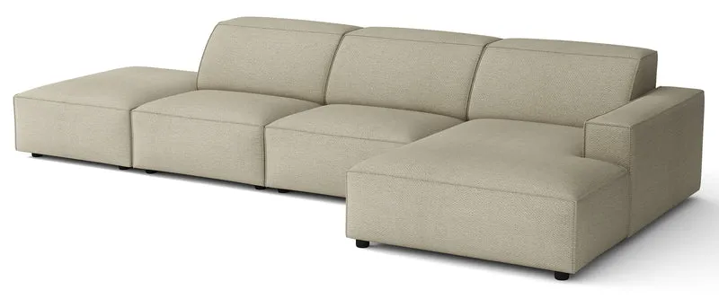 Modulares Ecksofa Sellmo, L-förmig, mit Hocker, rechtsseitig, grau-beige, hydrophober Chenillestoff