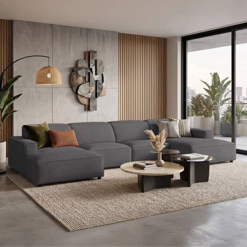 Modulares Ecksofa Sellmo U-förmig universell dunkelgrauer hydrophober Chenillestoff