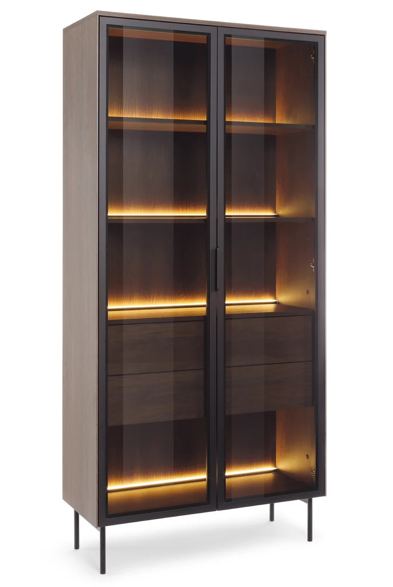 Zweiflügelige Glastür-Vitrine Lumi mit zwei Schubladen und Beleuchtung, 91 cm, Eiche Dunin