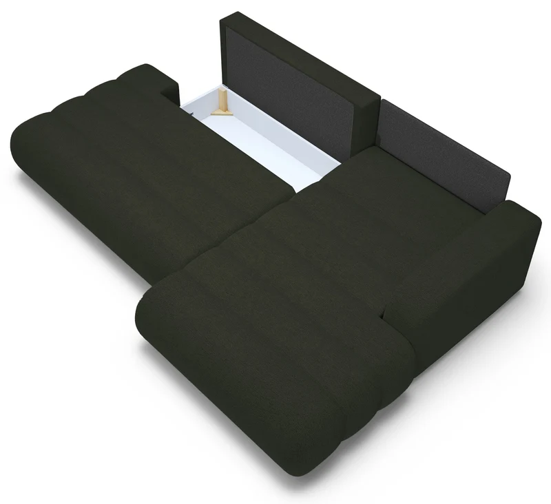 Ecksofa mit Schlaffunktion Arione, L-förmig, rechtsseitig, mit Stauraum, grüner Chenille-Bezug