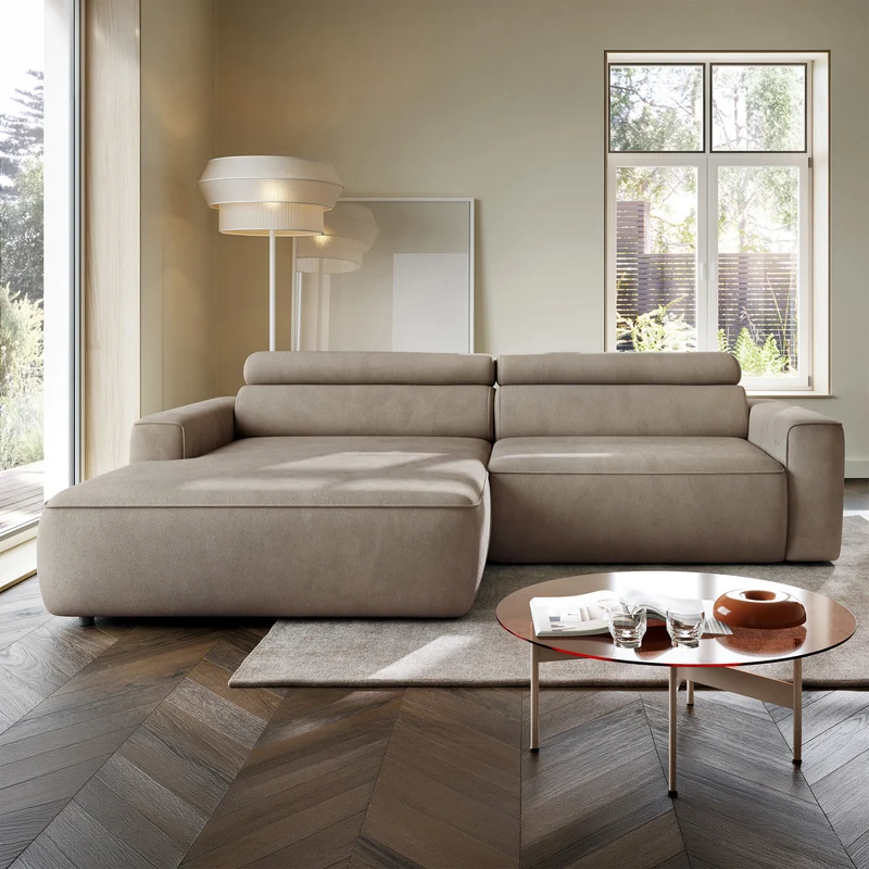 Ecksofa mit elektrischem Auszug Fando, L-förmig, linksseitig, beige Samt