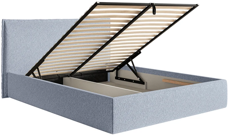 Polsterbett 180x200 cm Softie Slim mit Stauraum, hellblauer Chenillebezug, Metallrahmen