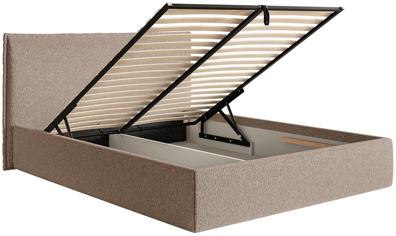 Polsterbett 140x200 cm Softie Slim mit Stauraum, dunkelbeiges Chenille, Metallrahmen