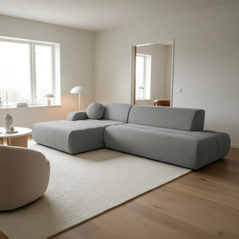 Ecksofa mit Schlaffunktion Arione, L-förmig, linksseitig, mit Stauraum, hellgrauer Chenille-Stoff