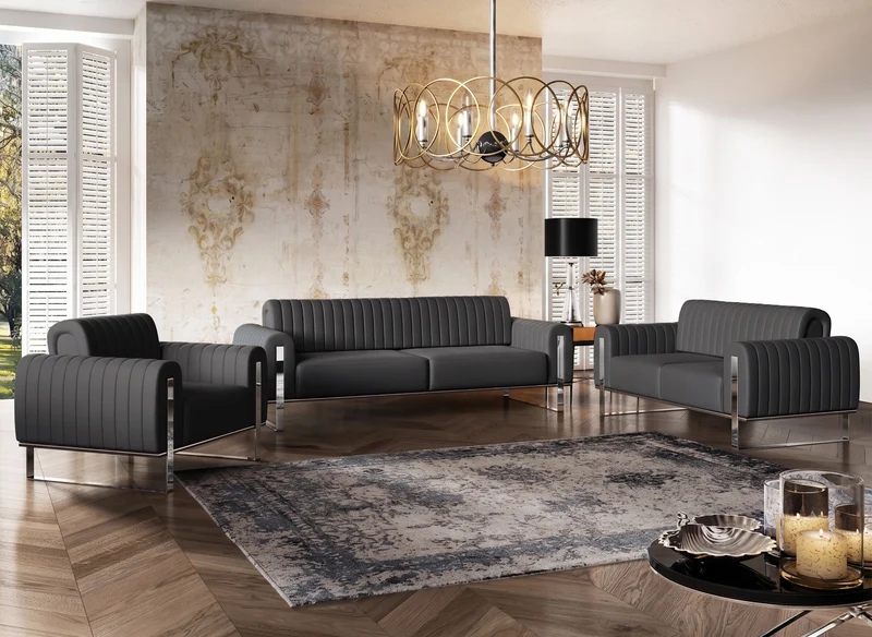 Dreisitziges Sofa Parissa, dunkelgrauer Samt, Chrombeine