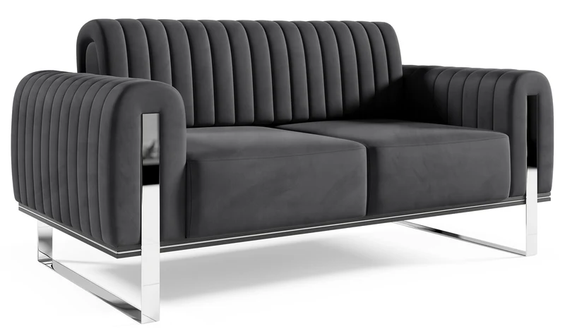 Zweisitziges Sofa Parissa, dunkelgrauer Samt, verchromte Beine