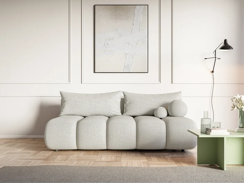 Dreisitziges Sofa Dandelino Mini mit Schlaffunktion, hellbeige Bouclé