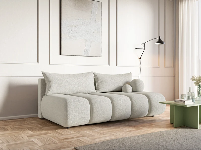 Dreisitziges Sofa Dandelino Mini mit Schlaffunktion, hellbeige Bouclé