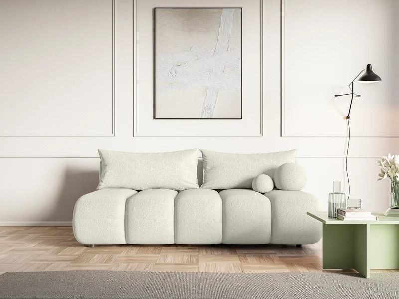 Dreisitziges Sofa Dandelino Mini mit Schlafunktion in cremefarbenem Bouclé