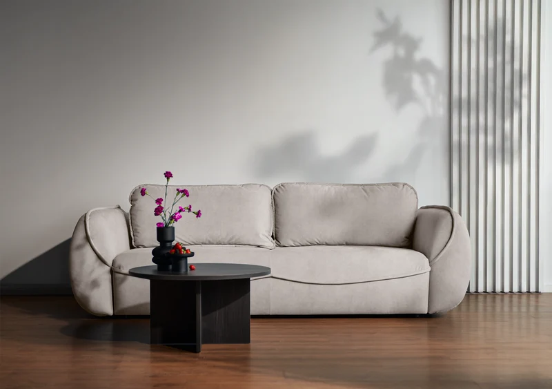 Drei-Sitzer-Schlafsofa Cutie mit Stauraum, beige, pflegeleichter Samtstoff
