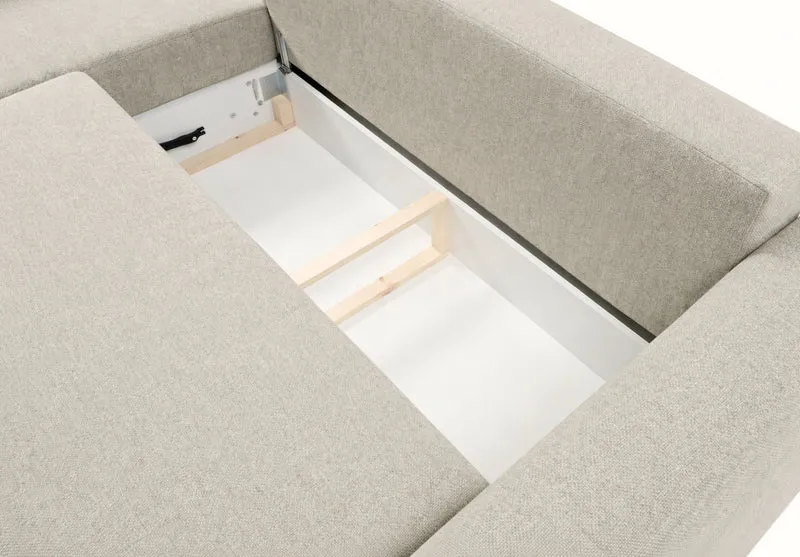 Ecksofa mit Schlafunktion Zordo, L-förmig, linksseitig, mit zwei Stauraumfächern, hellbeiger Chenille-Stoff