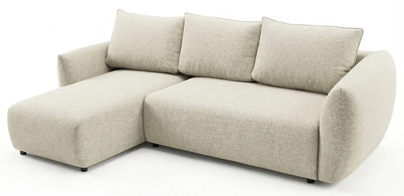 Ecksofa mit Schlafunktion Zordo, L-förmig, linksseitig, mit zwei Stauraumfächern, hellbeiger Chenille-Stoff