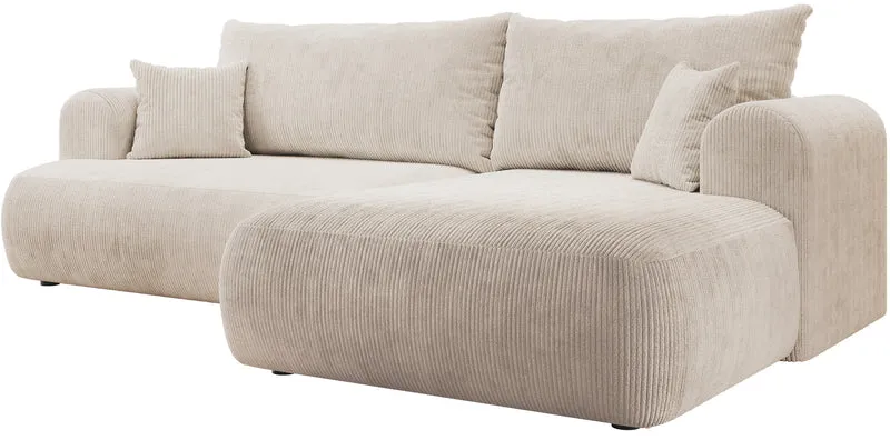 Ovo Cord Ecksofa mit Schlaffunktion, L-förmig, rechtsseitig, mit Stauraum, hellbeiger Cordstoff