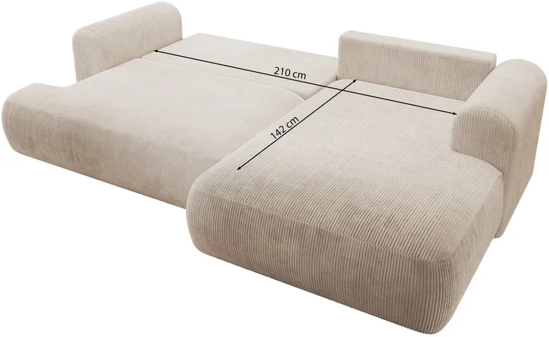 Ovo Cord Ecksofa mit Schlaffunktion, L-Form, linksseitig, mit Stauraum, hellbeige Cordstoff