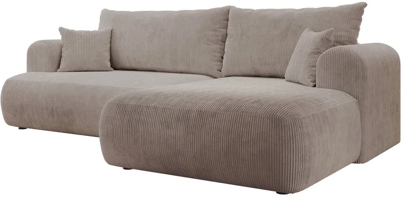 Ecksofa mit Schlaffunktion Ovo Cord, L-förmig, rechtsseitig, mit Stauraum, beiger Cordstoff