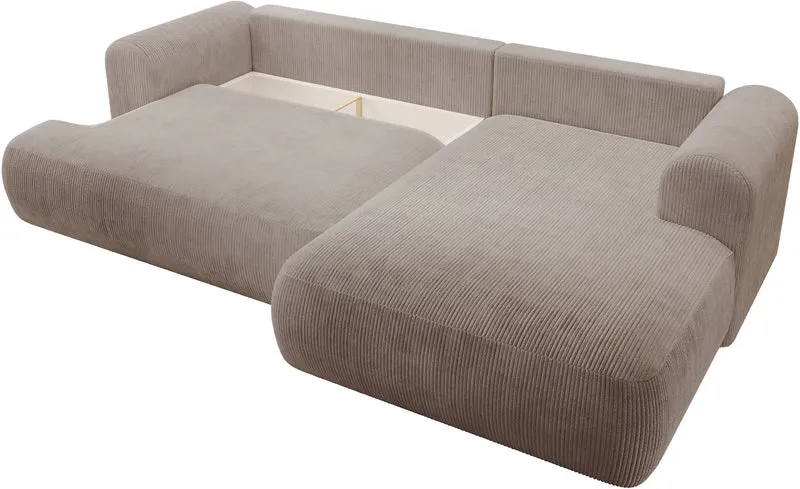 Ecksofa mit Schlaffunktion Ovo Cord, L-förmig, rechtsseitig, mit Stauraum, beiger Cordstoff