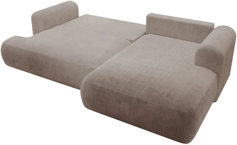Ecksofa mit Schlaffunktion Ovo Cord, L-förmig, rechtsseitig, mit Stauraum, beiger Cordstoff