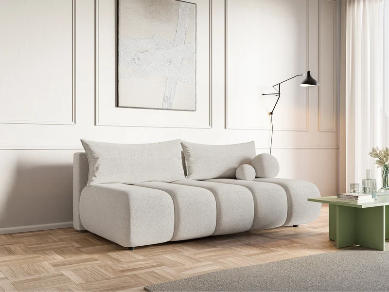 Dreisitziges Sofa Dandelino Mini mit Schlaffunktion, cremefarbener Chenillestoff