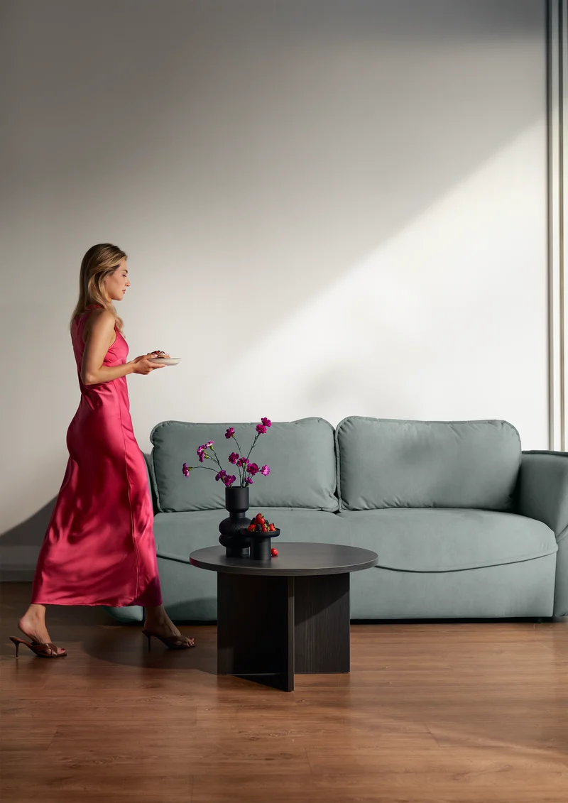 Drei-Sitzer-Schlafsofa Cutie mit Stauraum, Salbeigrüner Velours, pflegeleicht