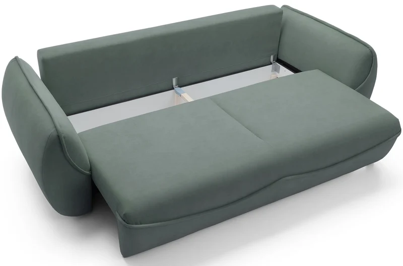 Drei-Sitzer-Schlafsofa Cutie mit Stauraum, Salbeigrüner Velours, pflegeleicht