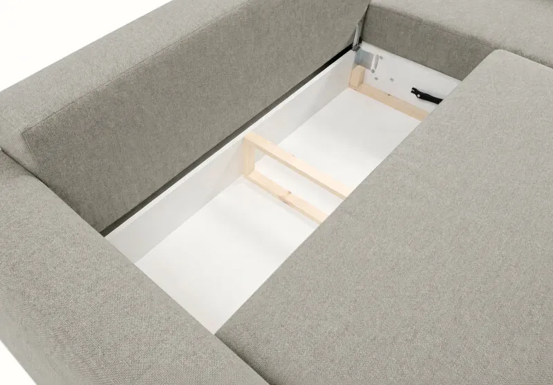 Ecksofa mit Schlaffunktion Zordo, L-förmig, rechtsseitig, mit zwei Stauraumfächern, grau-beiger Chenille-Stoff