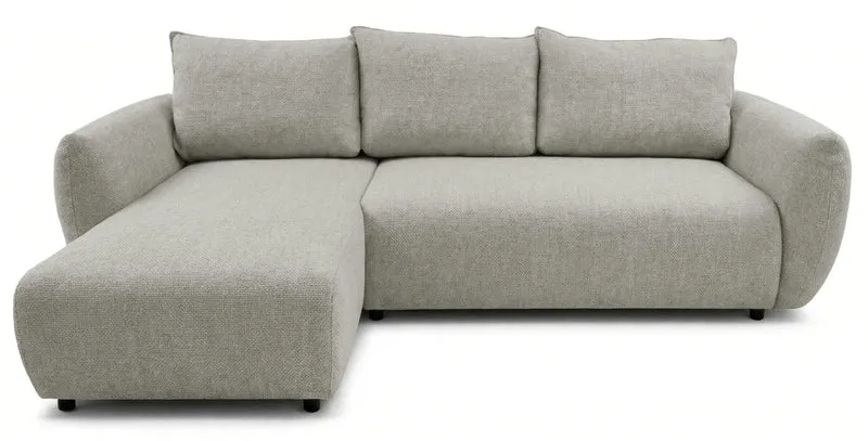 Ecksofa mit Schlaffunktion Zordo, L-förmig, linksseitig, mit zwei Stauraumfächern, grau-beiger Chenille-Stoff