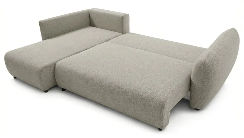 Ecksofa mit Schlaffunktion Zordo, L-förmig, linksseitig, mit zwei Stauraumfächern, grau-beiger Chenille-Stoff