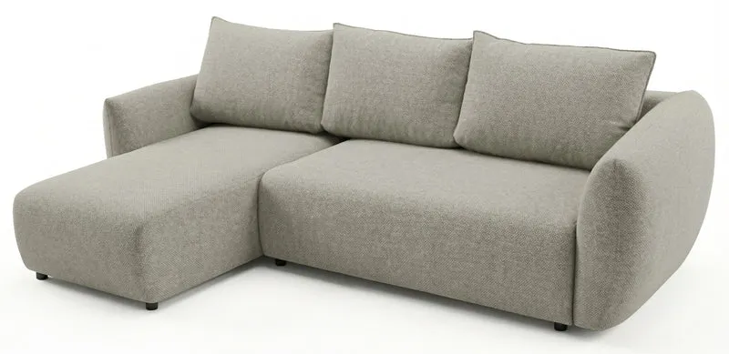 Ecksofa mit Schlaffunktion Zordo, L-förmig, linksseitig, mit zwei Stauraumfächern, grau-beiger Chenille-Stoff