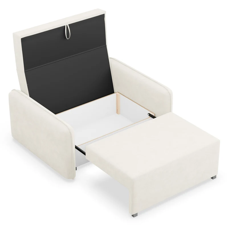 Zweisitziges ausklappbares Sofa Duelia mit Stauraum, cremefarben, hydrophobes Chenille