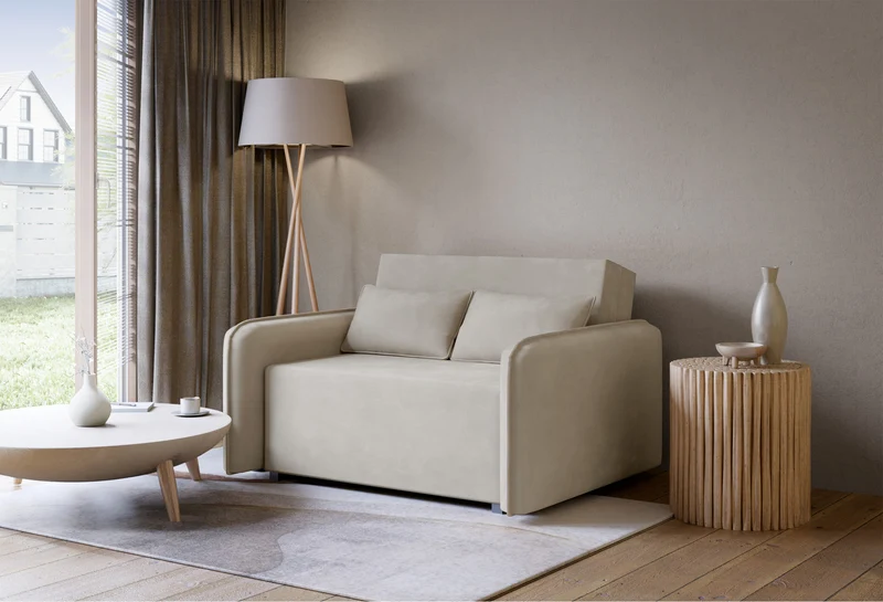 Zweisitziges ausklappbares Sofa Duelia mit Stauraum, beige, hydrophobes Chenille