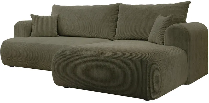 Ovo Cord Ecksofa mit Schlaffunktion, L-förmig, rechtsseitig, mit Stauraum, olivgrüner Cordstoff