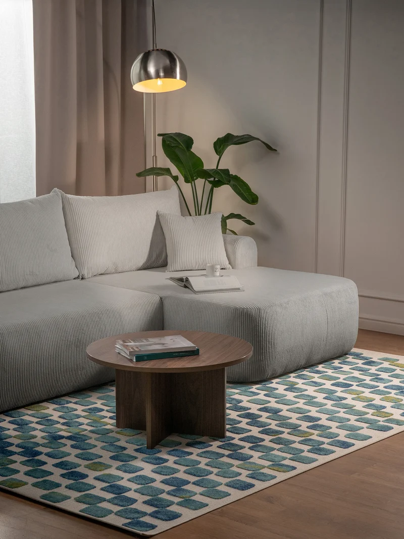 Ovo Cord Ecksofa mit Schlaffunktion, L-Form, rechtsseitig, mit Stauraum, grau-beiger Cordstoff