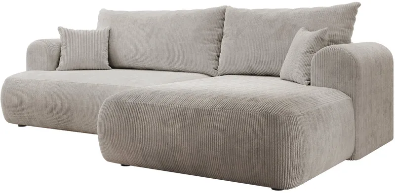 Ovo Cord Ecksofa mit Schlaffunktion, L-Form, rechtsseitig, mit Stauraum, grau-beiger Cordstoff