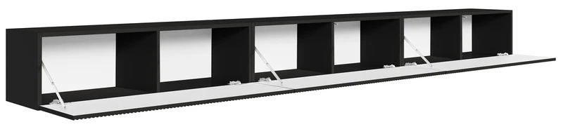 Hängender dreitüriger Veldio-TV-Schrank mit geriffelter Front, 300 cm, schwarz
