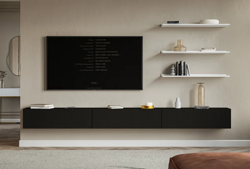 Hängender dreitüriger Veldio-TV-Schrank mit geriffelter Front, 300 cm, schwarz