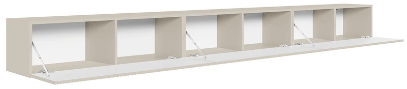 Hängender dreitüriger Veldio TV-Schrank mit geriffelter Front, 300 cm, grau-beige