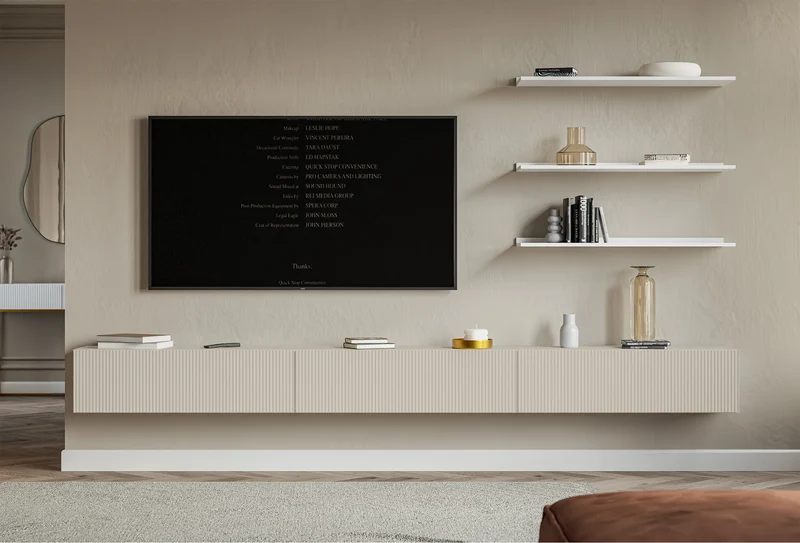 Hängender dreitüriger Veldio TV-Schrank mit geriffelter Front, 300 cm, grau-beige