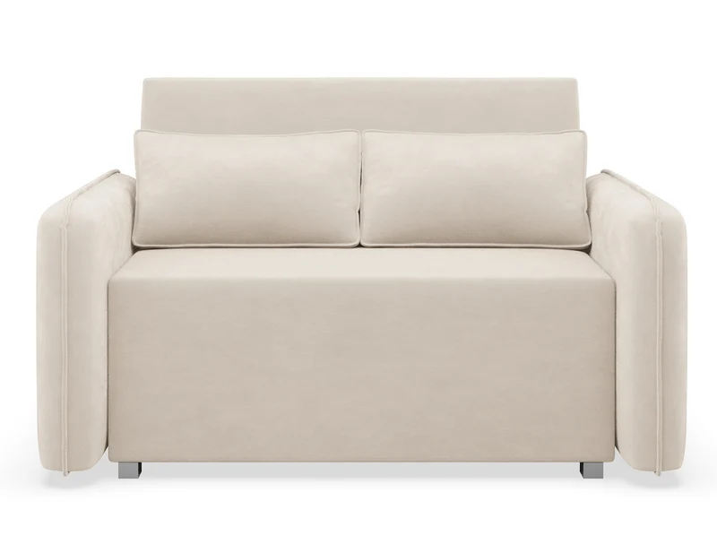 Zweisitziges ausklappbares Sofa Duelia mit Aufbewahrungsfach, hellbeiger hydrophober Chenillestoff
