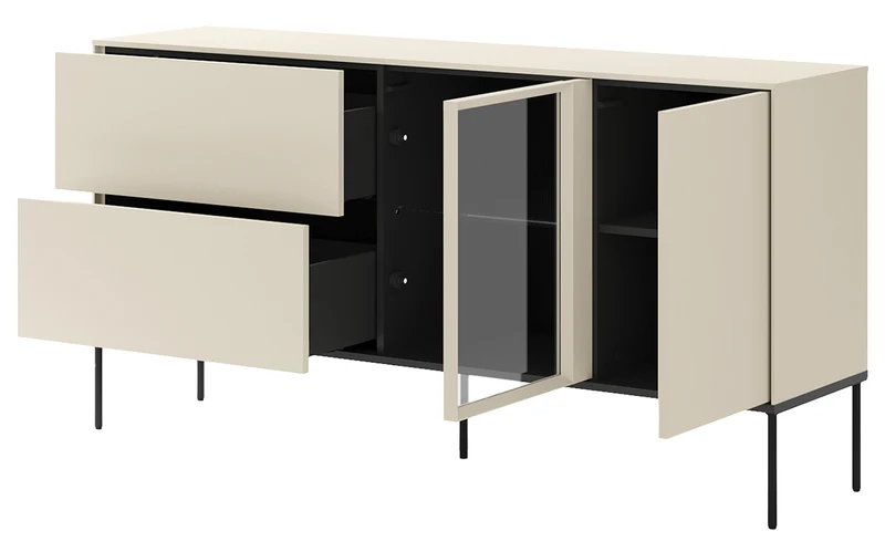 Einflügelsideboard Bellezo mit LED-Vitrine und zwei Schubladen, 166 cm, cremefarben