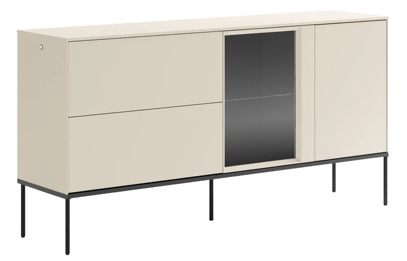 Einflügelsideboard Bellezo mit LED-Vitrine und zwei Schubladen, 166 cm, cremefarben