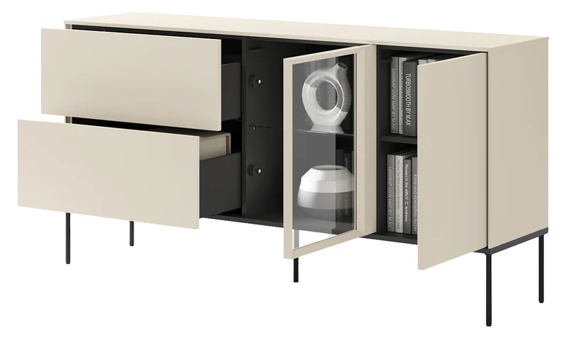 Einflügelsideboard Bellezo mit LED-Vitrine und zwei Schubladen, 166 cm, cremefarben