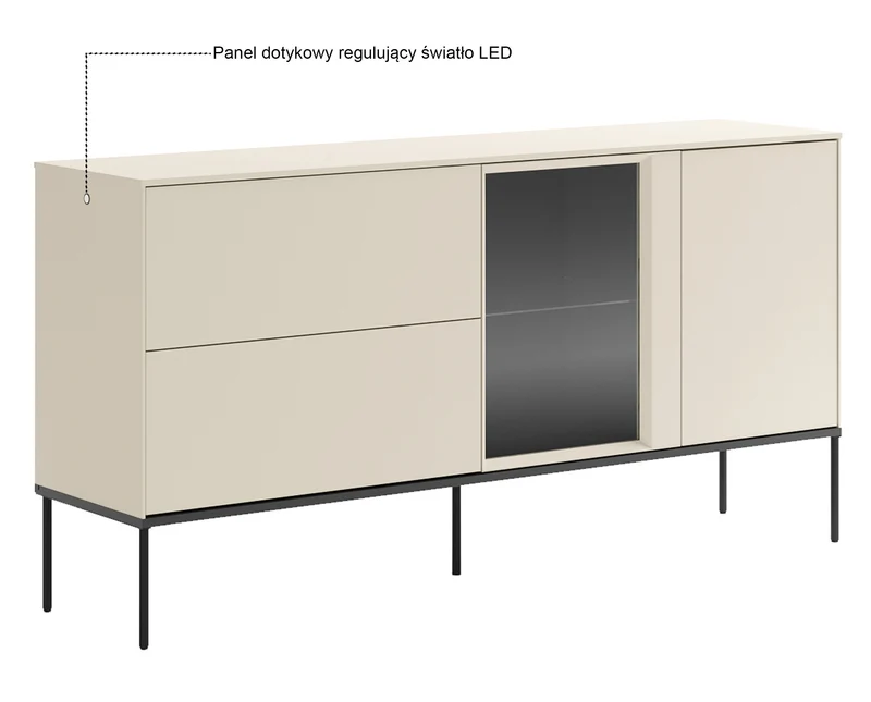Einflügelsideboard Bellezo mit LED-Vitrine und zwei Schubladen, 166 cm, cremefarben