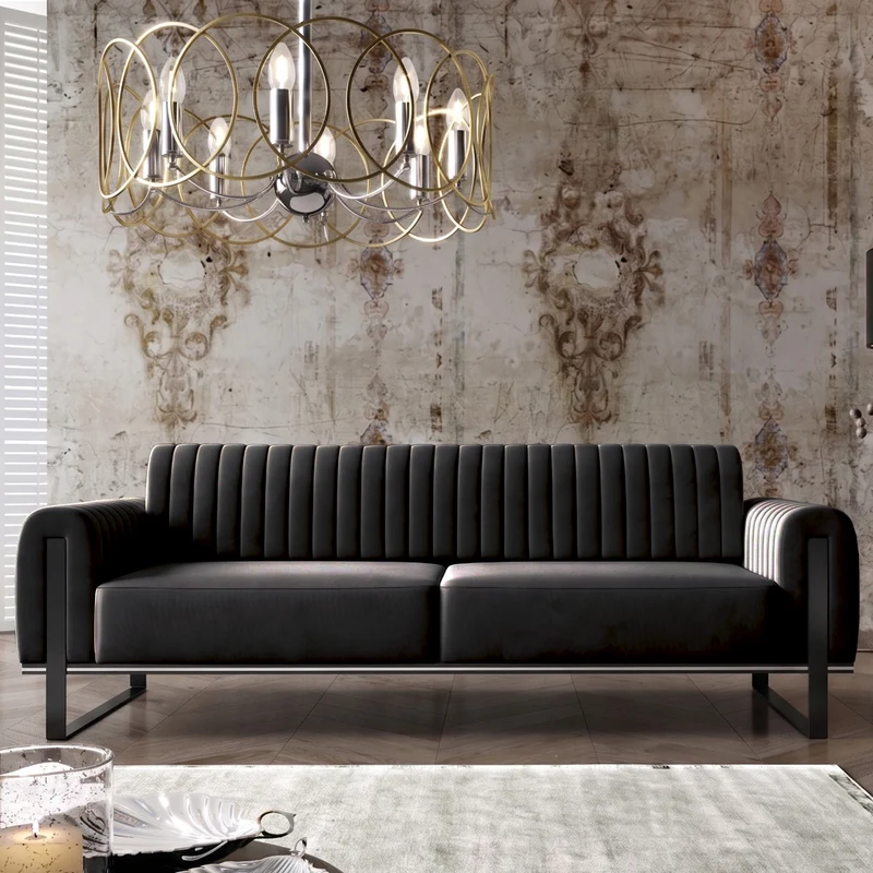 Dreier-Sofa Parissa, schwarzer Samt, schwarze Beine