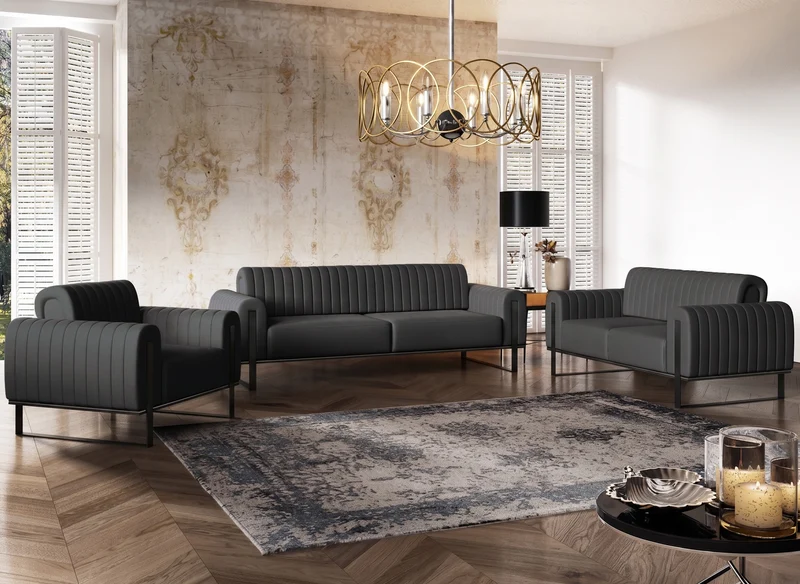 Dreisitziges Sofa Parissa, dunkelgrauer Samt, schwarze Beine