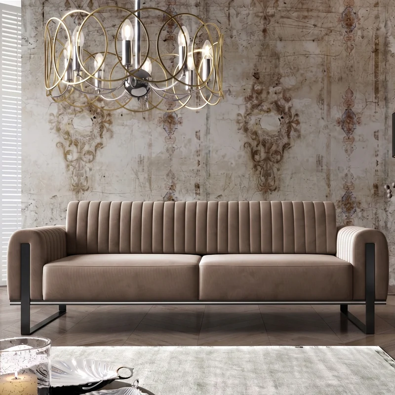 Dreiersofa Parissa Beige Samt Schwarze Beine