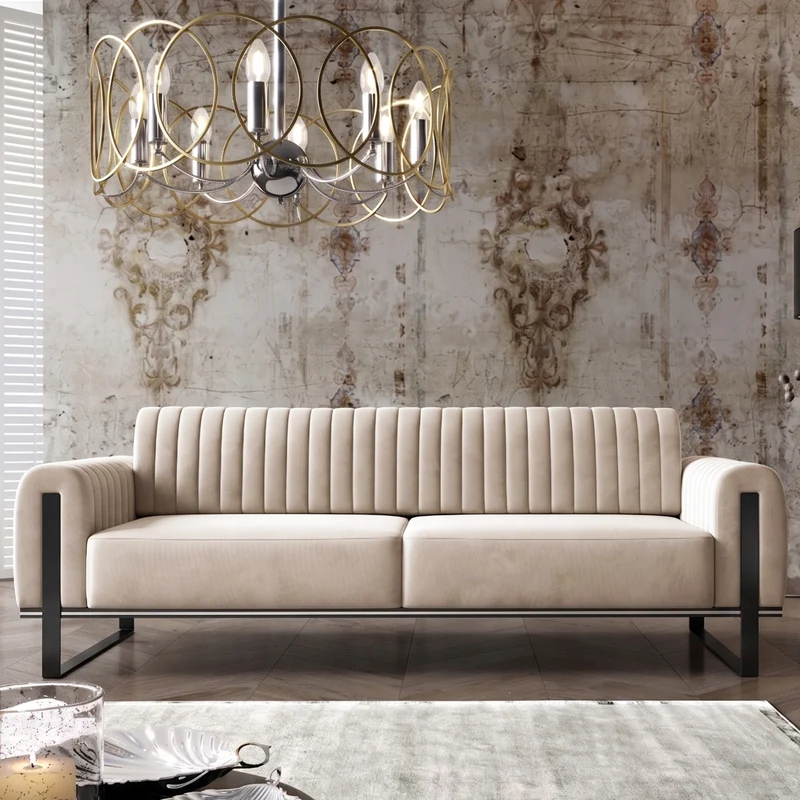 Dreissitziges Sofa Parissa, hellbeiger Samt, schwarze Beine