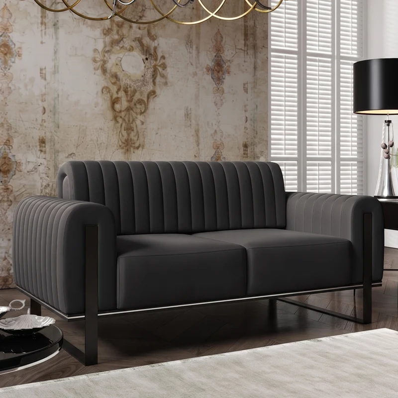 Zweisitziges Sofa Parissa, dunkelgrauer Samt, schwarze Beine
