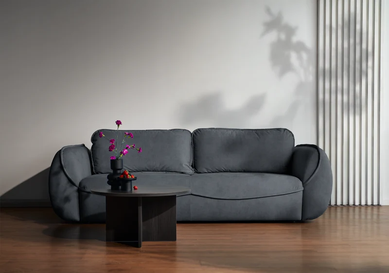 Dreisitziges Schlafsofa Cutie mit Stauraum, Graphit, Velours, pflegeleicht