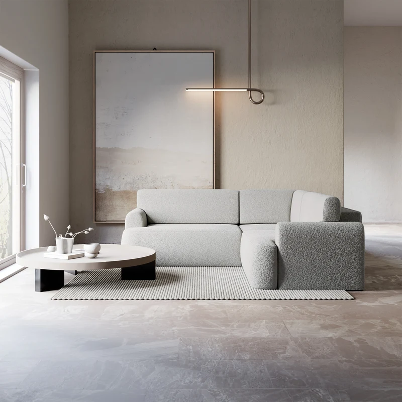 Ecksofa mit Schlaffunktion, Kaveo, L-förmig, universell, grau-beige, Plüsch