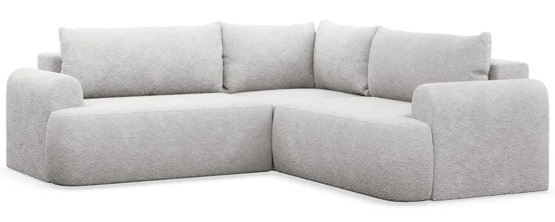 Ecksofa mit Schlaffunktion, universal L-förmig, hellgrauer Bouclé-Stoff, Modell Ovo